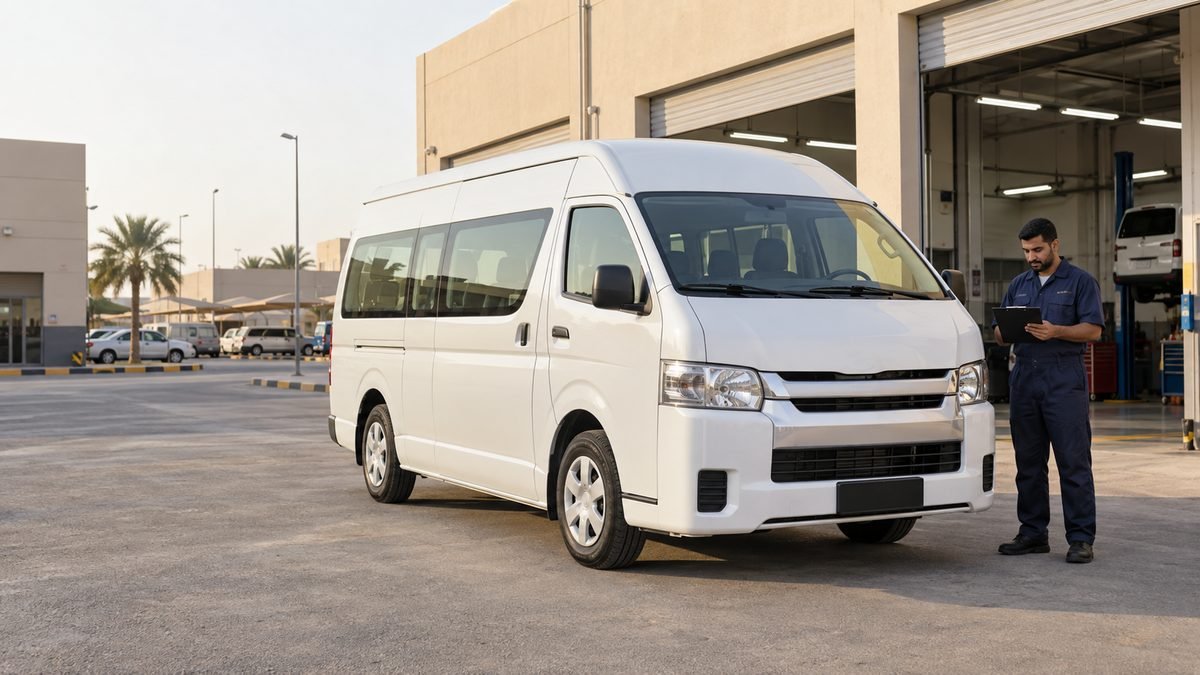 Serviced white passenger van parked outside a workshop while a technician records details on a tablet.