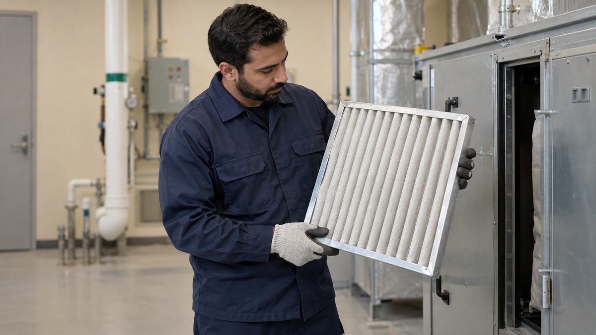 Technician removing a pleated air filter from an air-handling unit in a plant room.