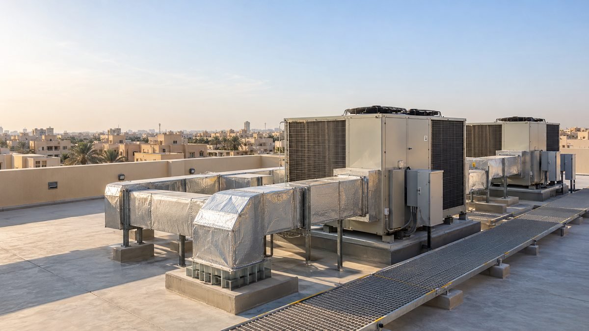 Rooftop air-conditioning plant with insulated ductwork and condensing units above a Kuwait skyline.