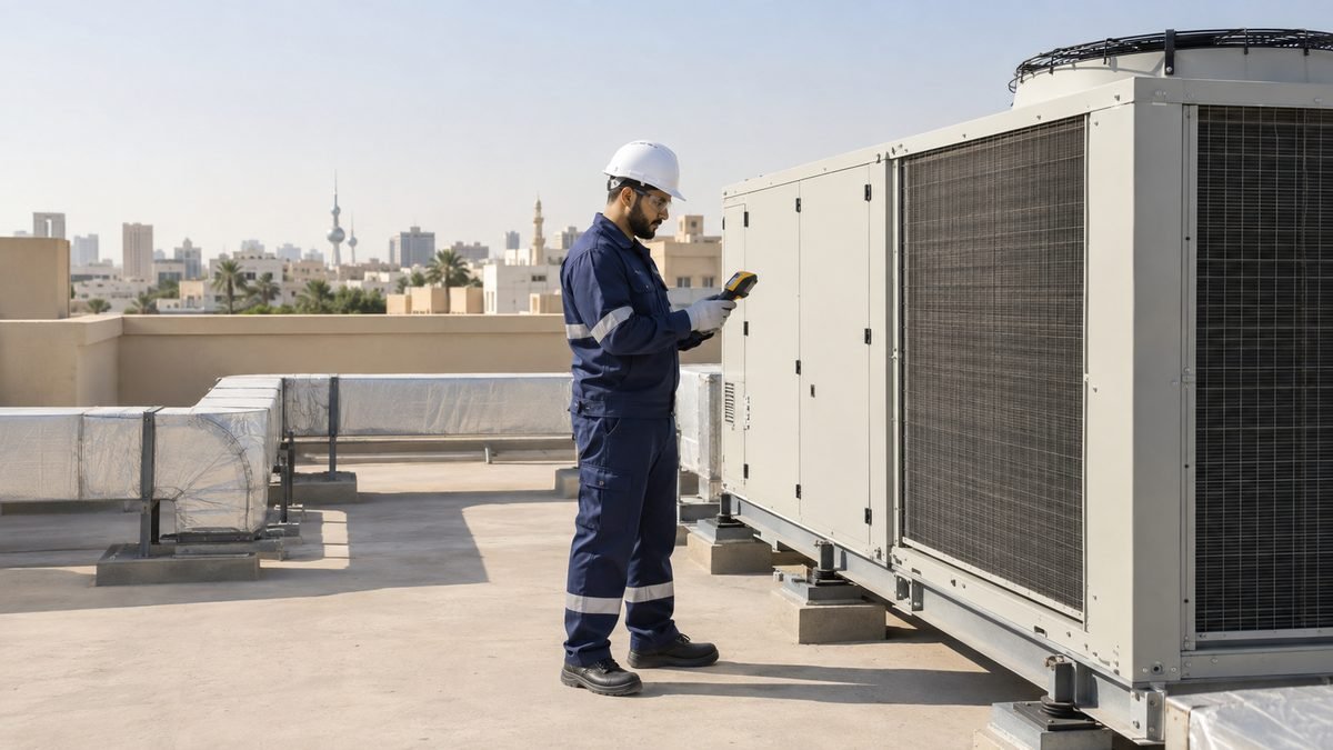 HVAC technician in a hard hat taking readings from a rooftop condensing unit.