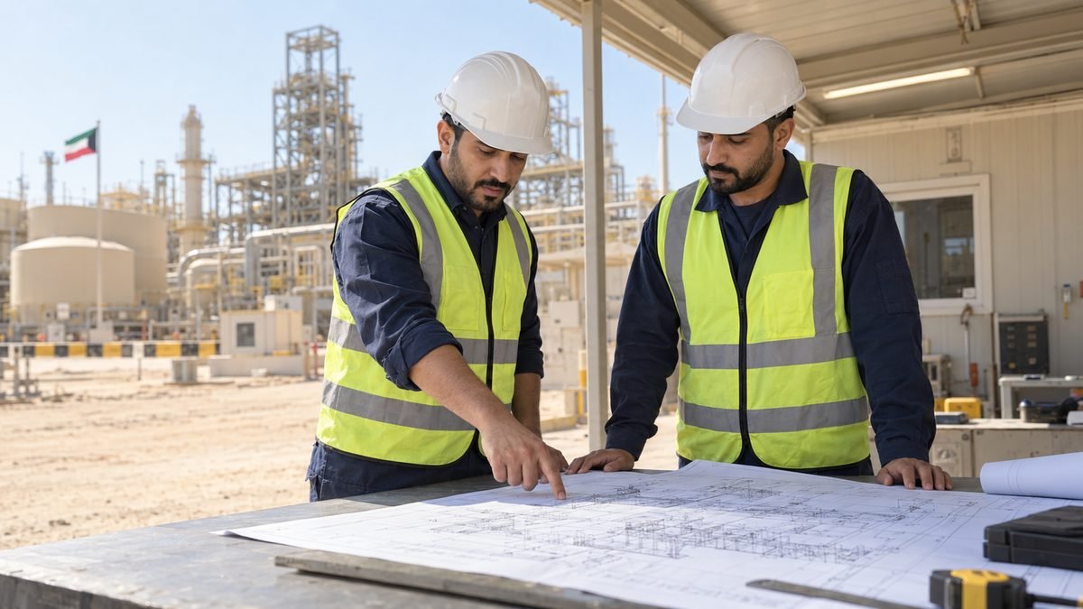 Two site engineers in hard hats reviewing technical drawings at an industrial plant.
