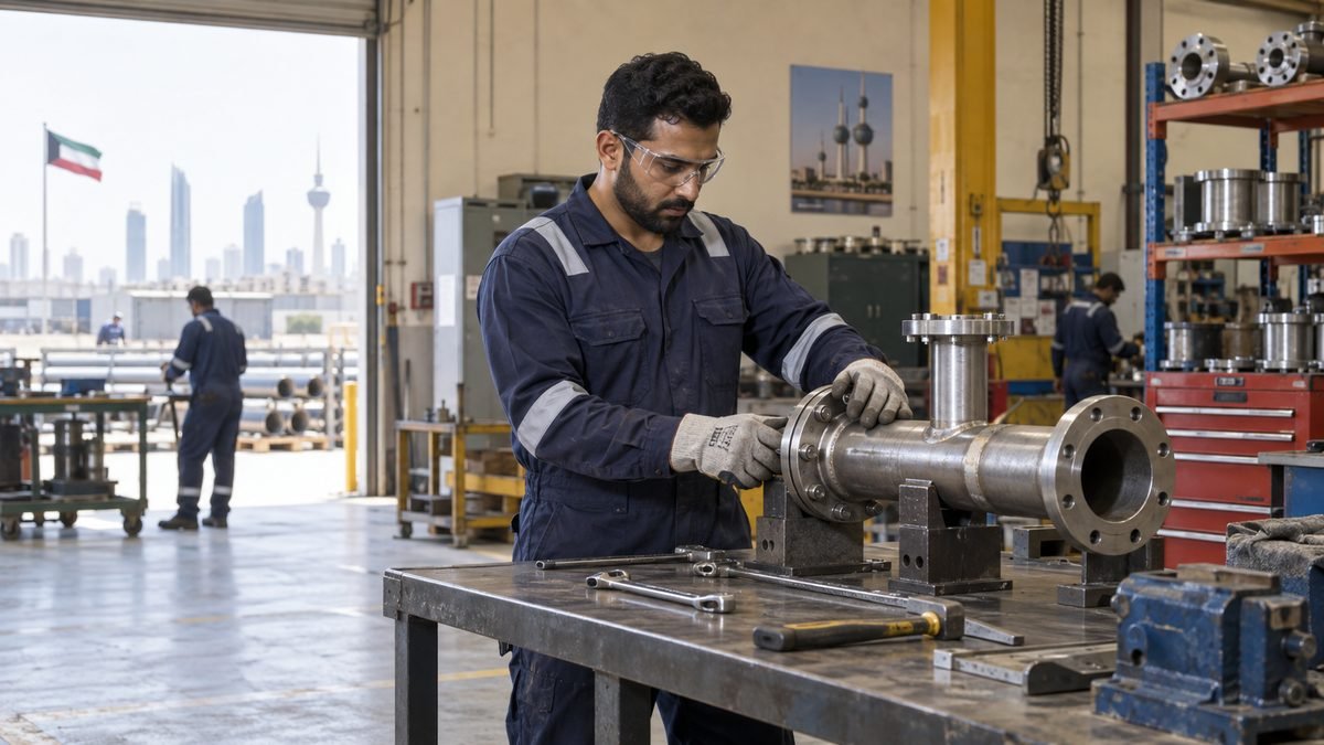 Mechanical fitter assembling a flanged shaft assembly at a fabrication workbench.