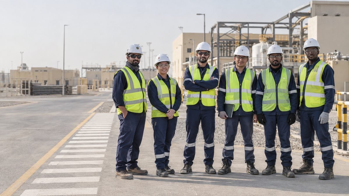 Team of workers in hard hats and high-visibility vests standing at an industrial site.