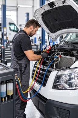A technician servicing a van's air-conditioning with pressure gauges and an A/C service machine.