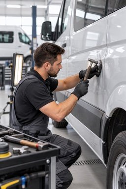 A technician working a dent out of a white van's side panel with a body hammer.