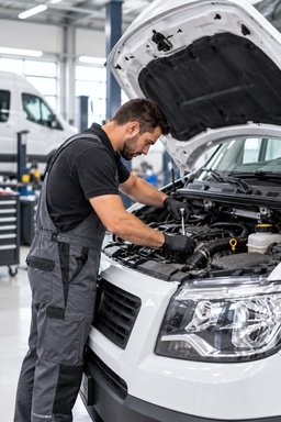 A technician repairing the engine of a white van under its raised bonnet.