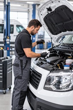 A technician checking fluid levels under the open bonnet of a white van in the workshop.