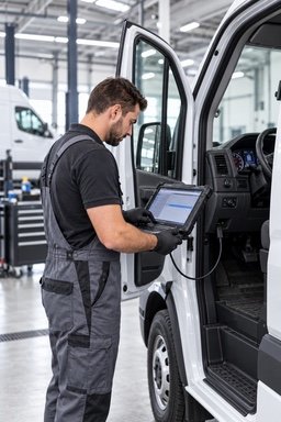 A technician running vehicle diagnostics on a tablet connected to a white van.