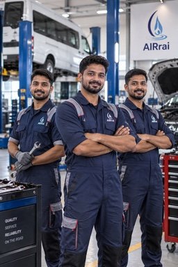 Three AlRrai technicians in navy overalls standing in an equipped vehicle workshop.