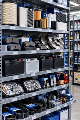 Shelves of fast-moving parts: air and oil filters, brake pads and discs, batteries, headlights and drive belts.
