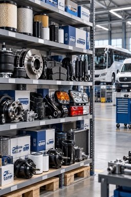 Warehouse shelving stocked with new boxed brake discs, shock absorbers, filters and headlights, with a bus in the workshop behind.