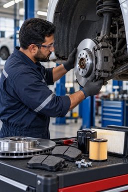 A technician fitting a replacement brake disc, with new brake pads and filters on the bench.