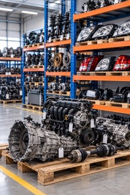 Second-hand engines and gearboxes on pallets, with used headlights and tail lights on the racking behind.
