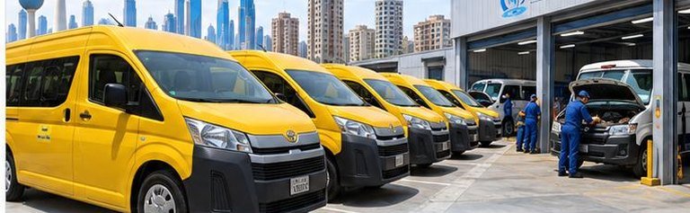 A row of yellow school buses parked beside an AlRrai Combined workshop where technicians service a vehicle.