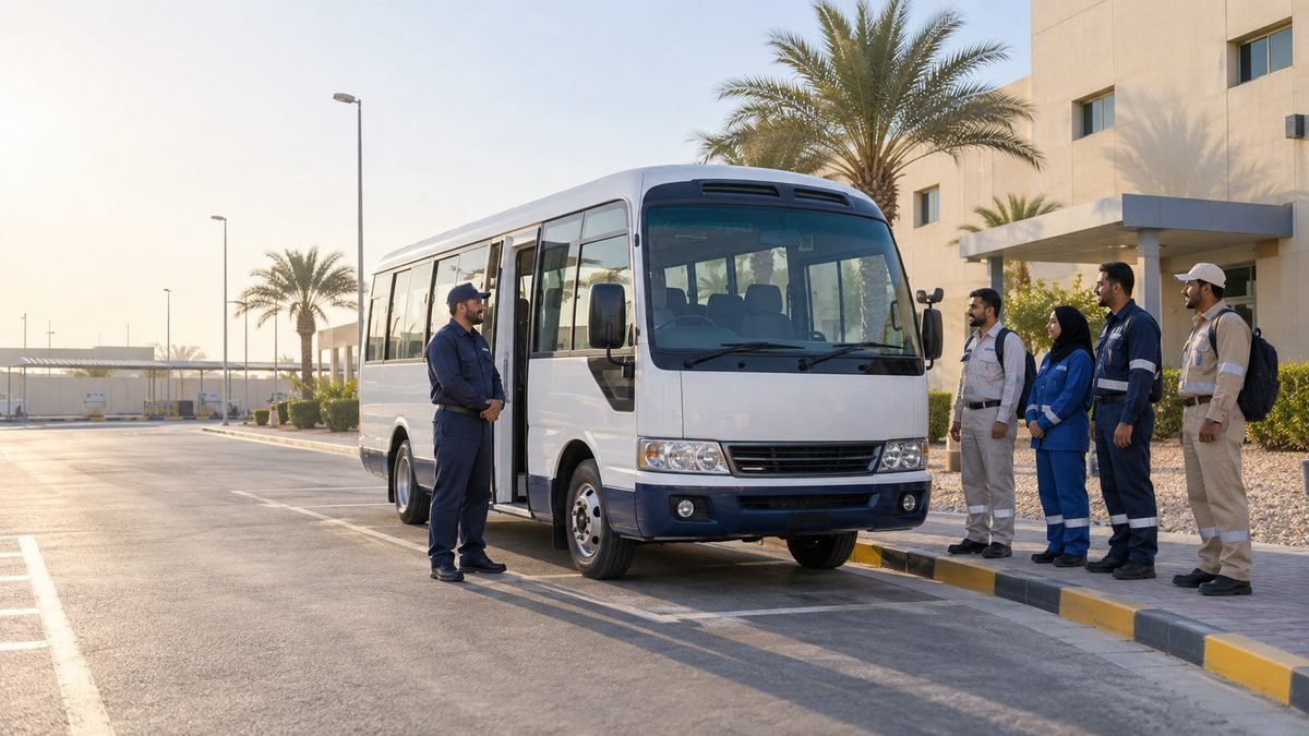 Workers waiting beside a company coaster at a designated pickup point while the driver stands by the door.